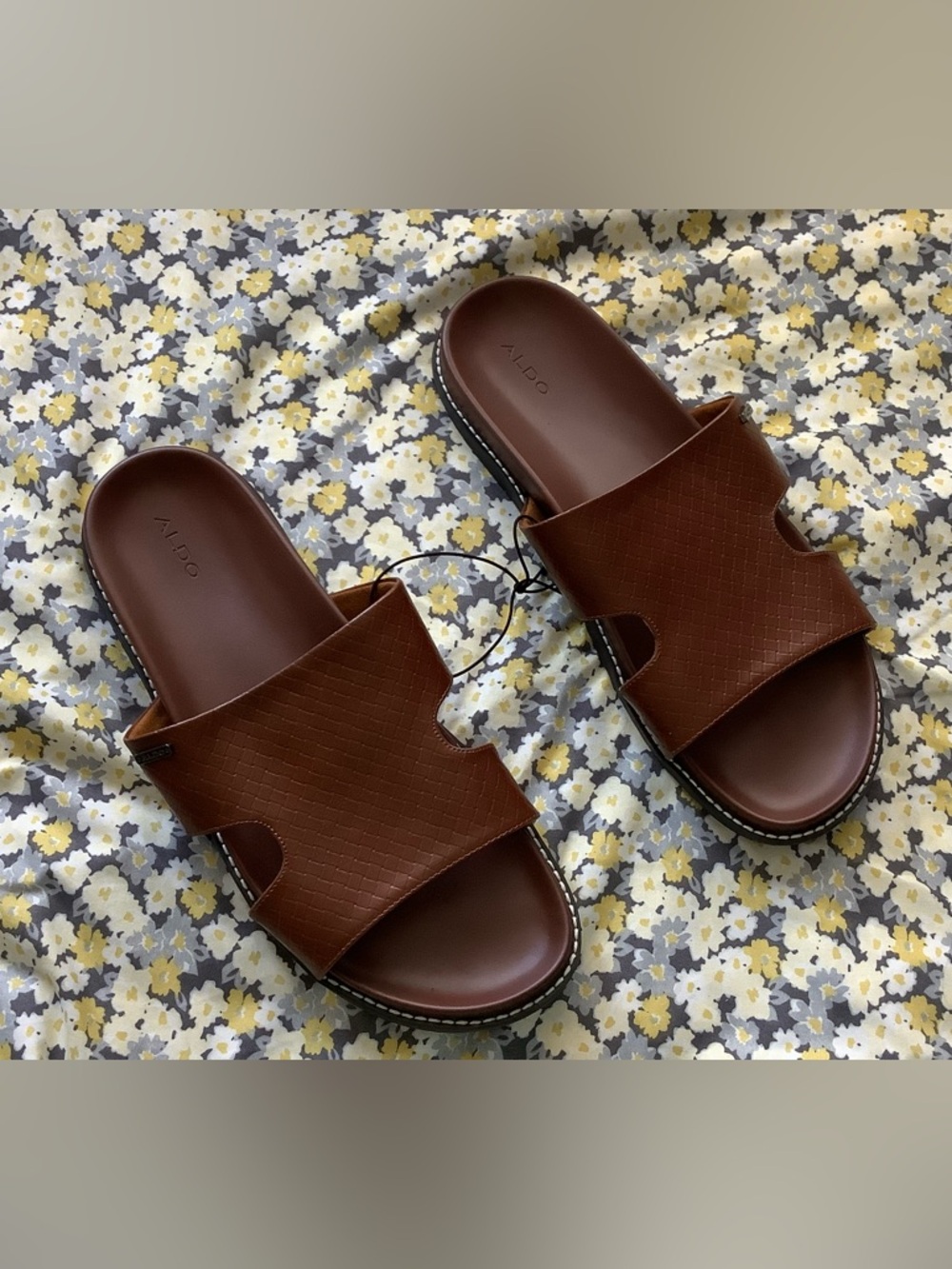 Aldo Chestnut Brown Textured Slide Sandals